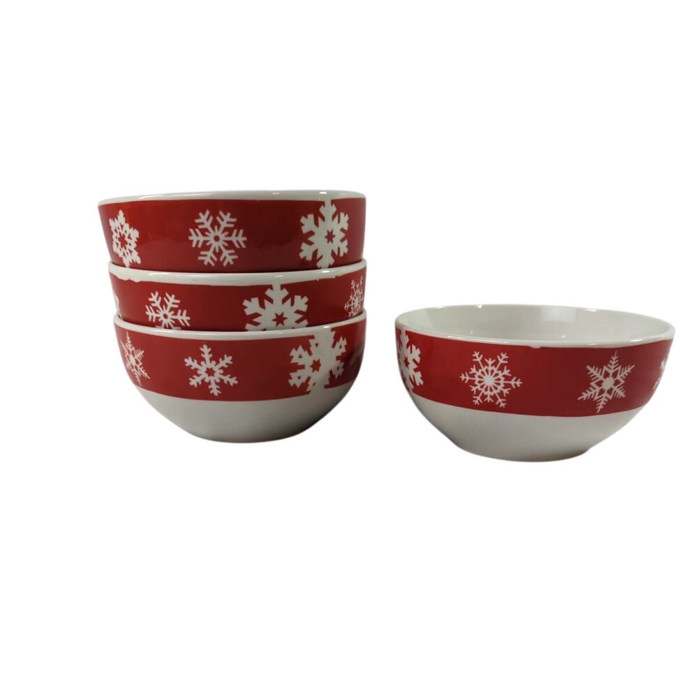 4 Royal Norfolk Red & White Snowflake Holiday Soup Cereal Bowls